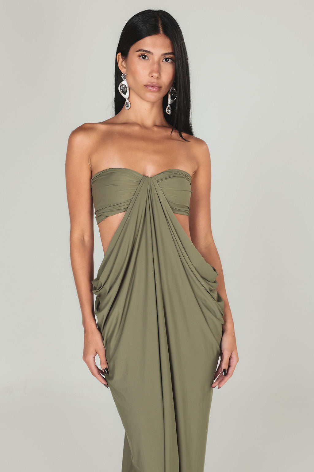 Vestido Longo Cut Out Drapeado Verde