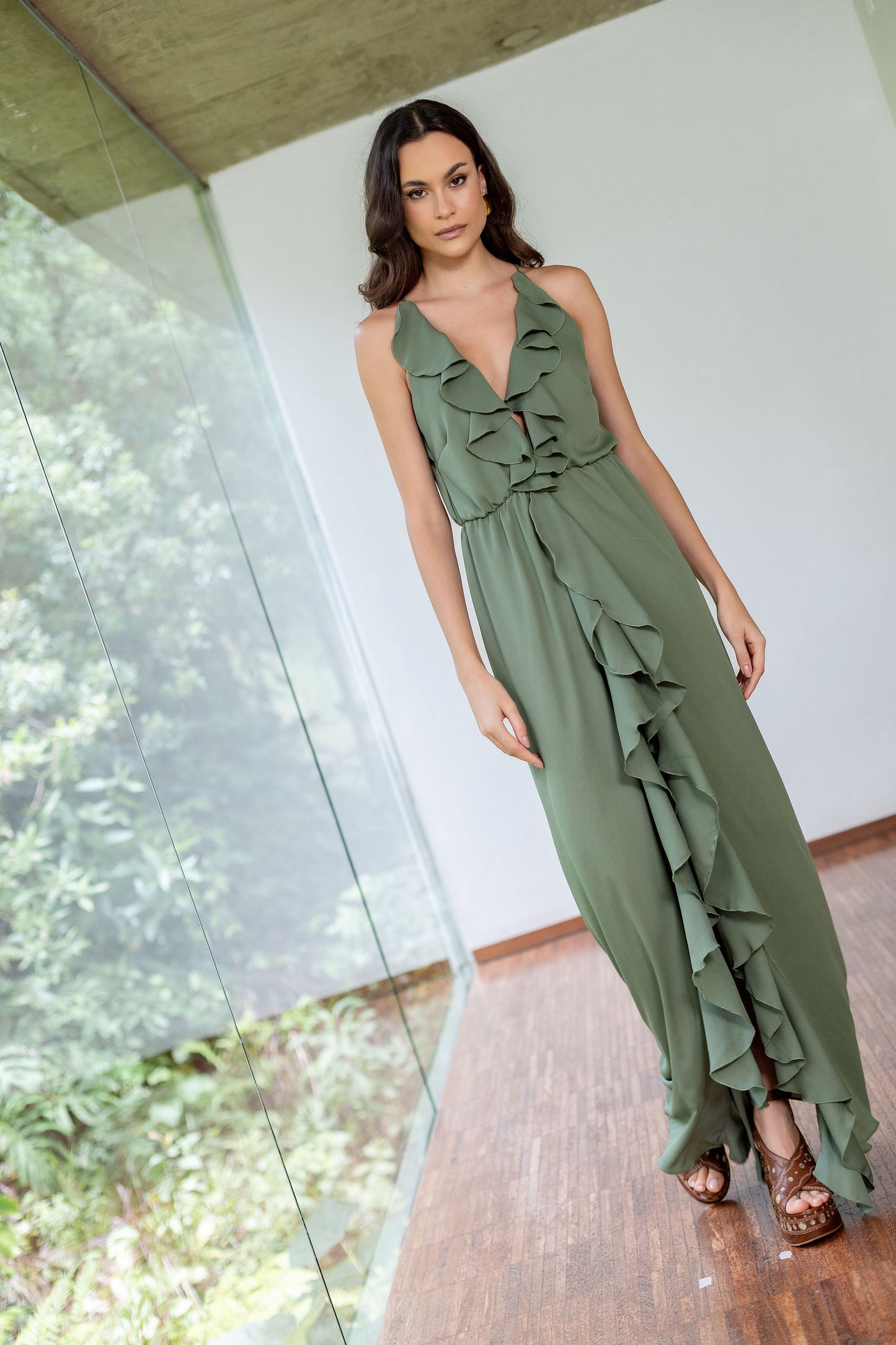 Vestido Longo Boho Babados Verde
