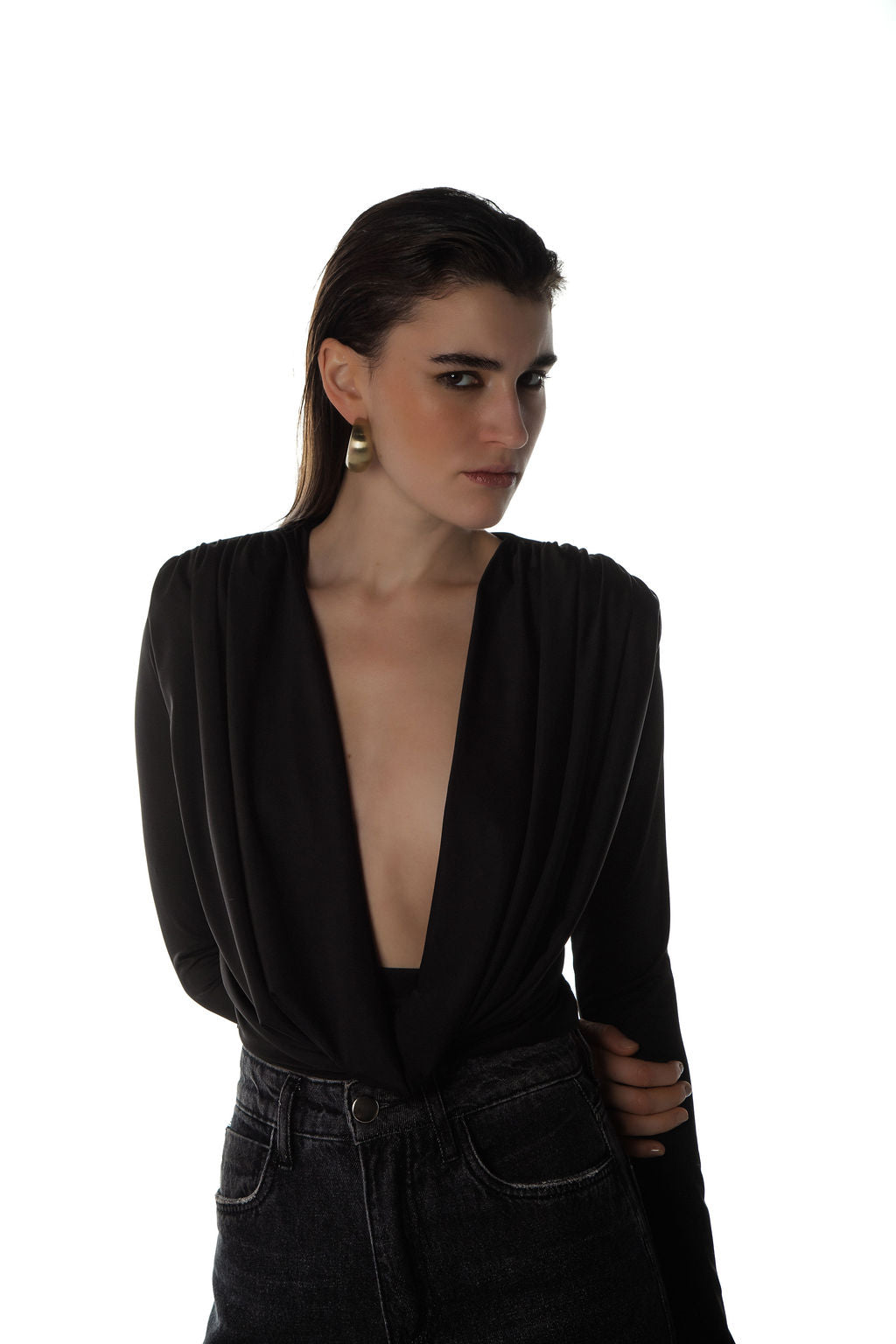 Blusa Jersey Manga Longa Ombreira Preta