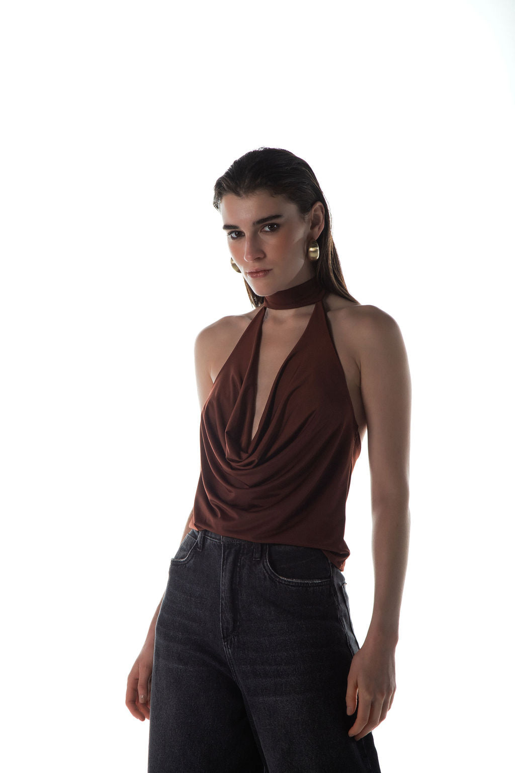 Blusa Choker Jersey Marrom Decotada
