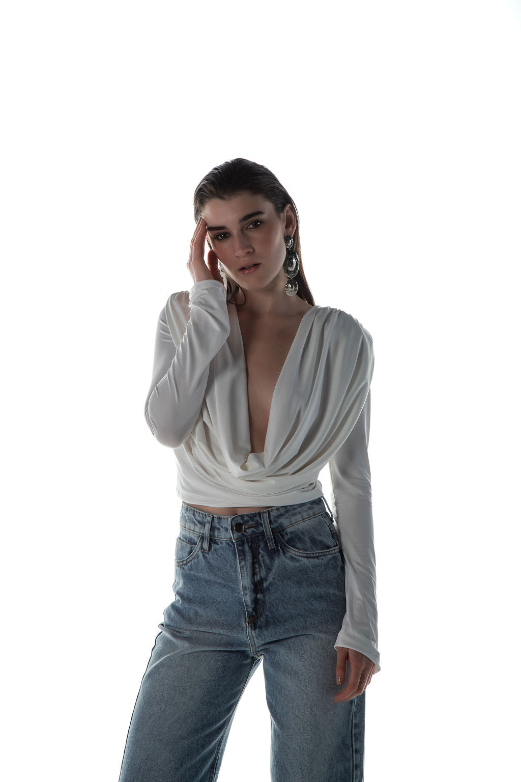 Blusa Jersey Manga Longa Ombreira Off White