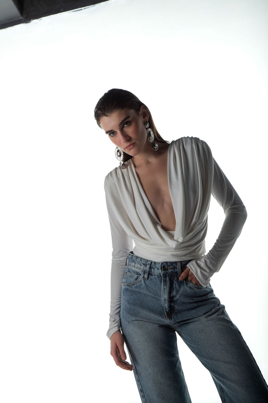 Blusa Jersey Manga Longa Ombreira Off White