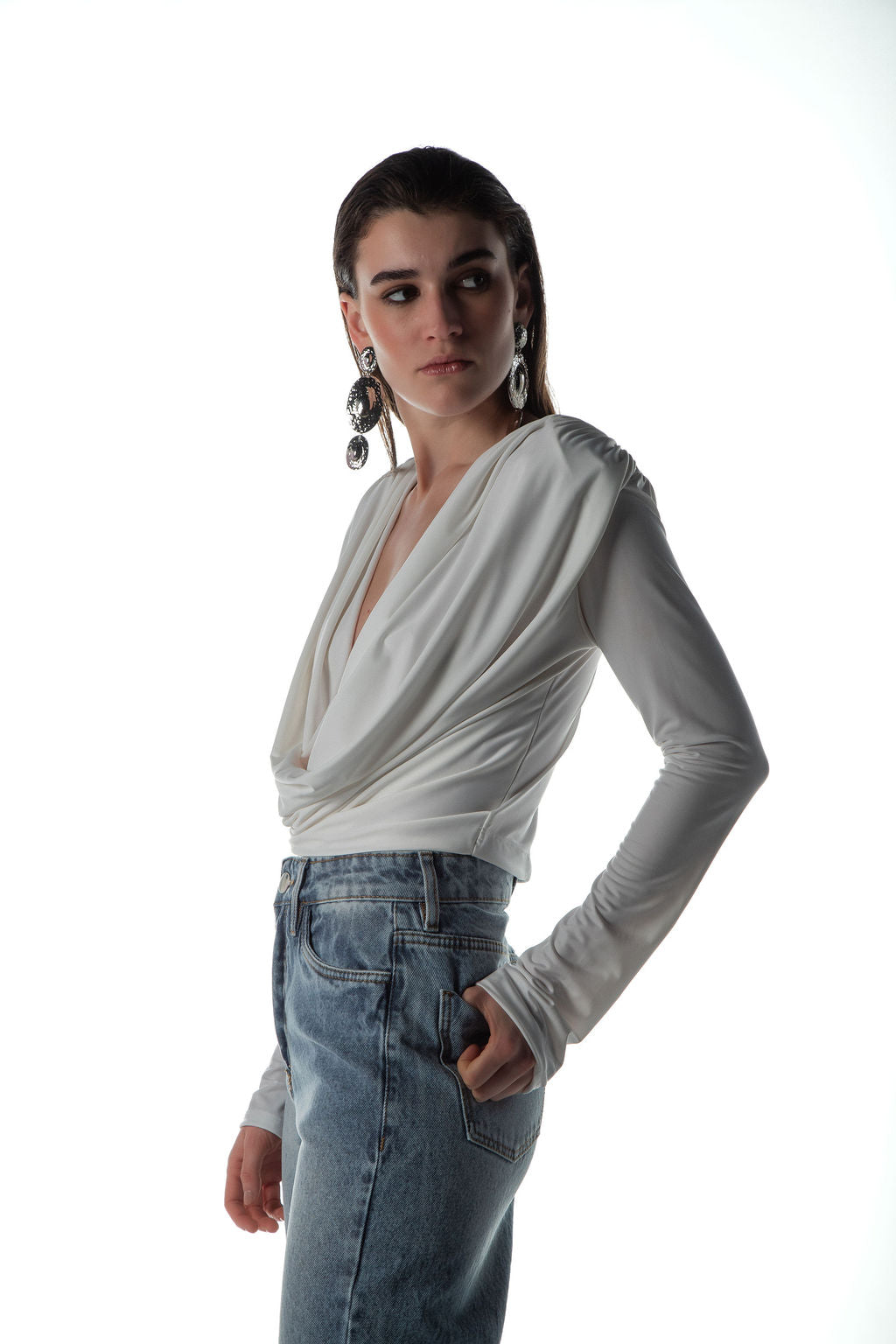 Blusa Jersey Manga Longa Ombreira Off White