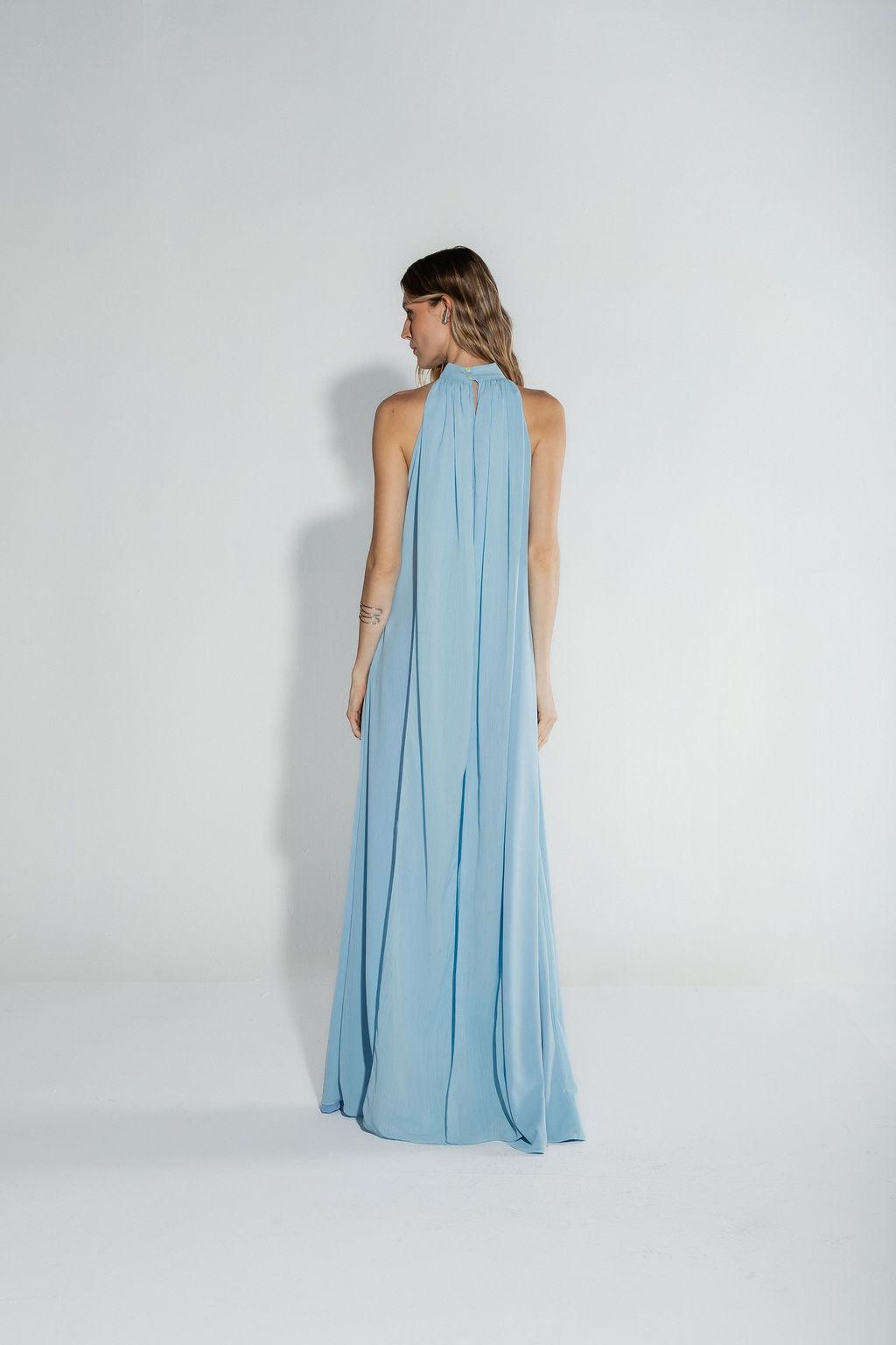 Vestido Longo Frente Única Chiffon Azul