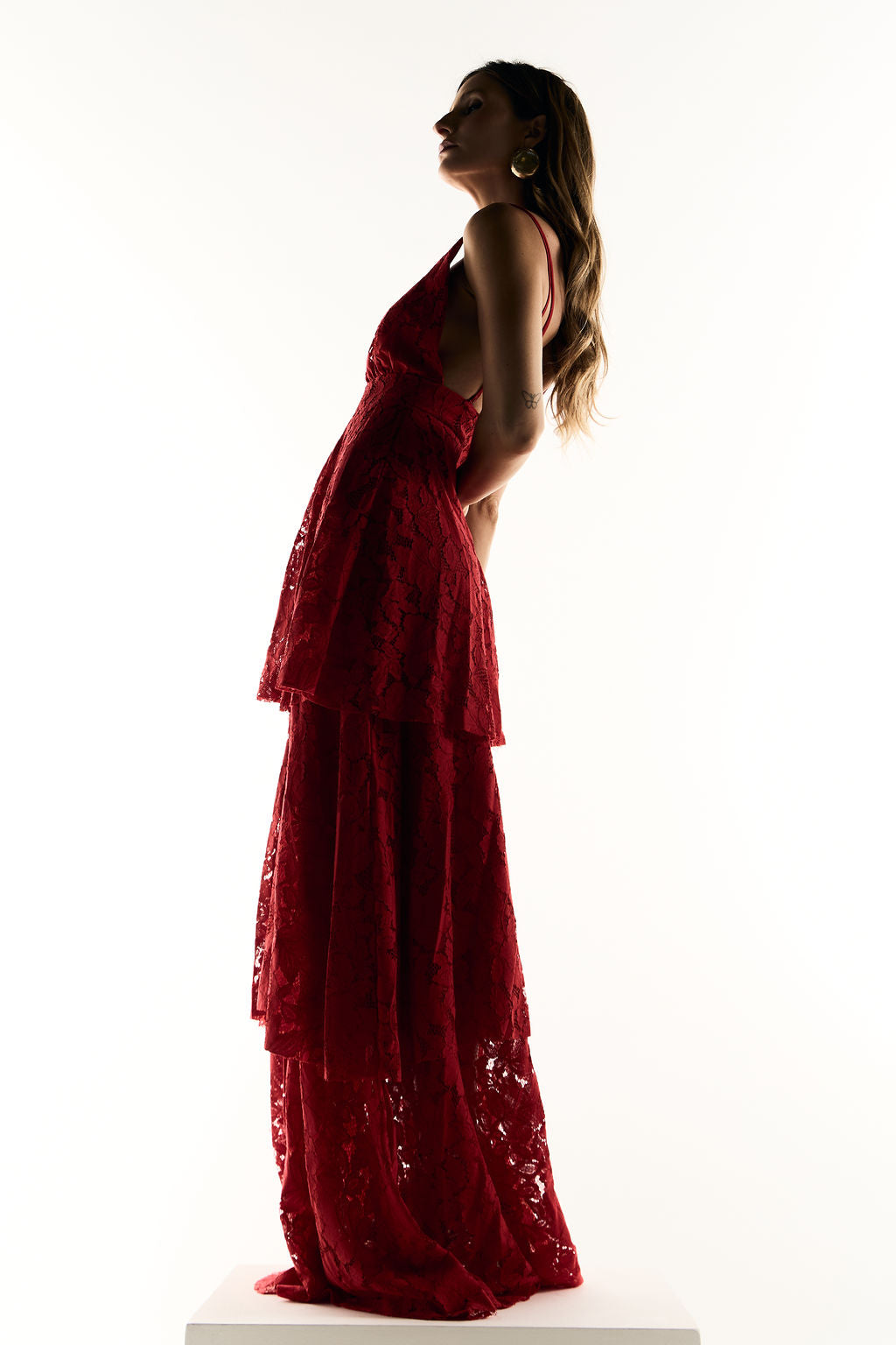 Vestido Longo Babados Renda Vermelho