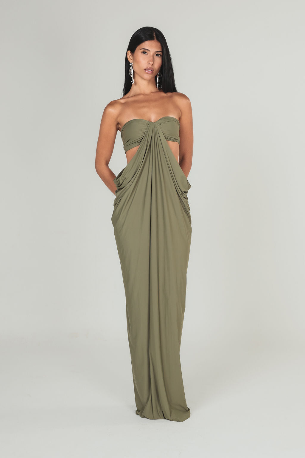Vestido Longo Cut Out Drapeado Verde