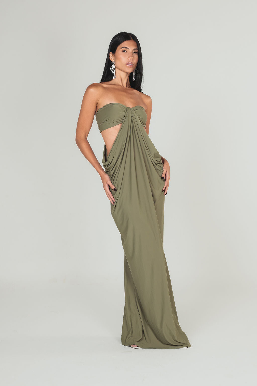 Vestido Longo Cut Out Drapeado Verde