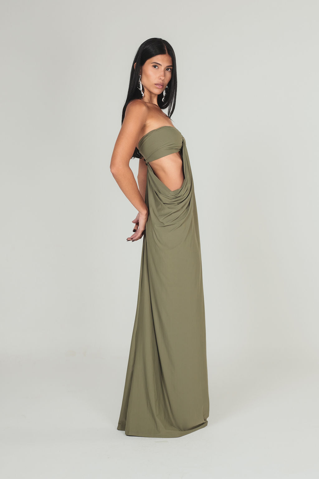 Vestido Longo Cut Out Drapeado Verde