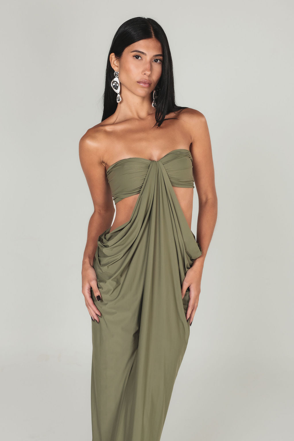 Vestido Longo Cut Out Drapeado Verde