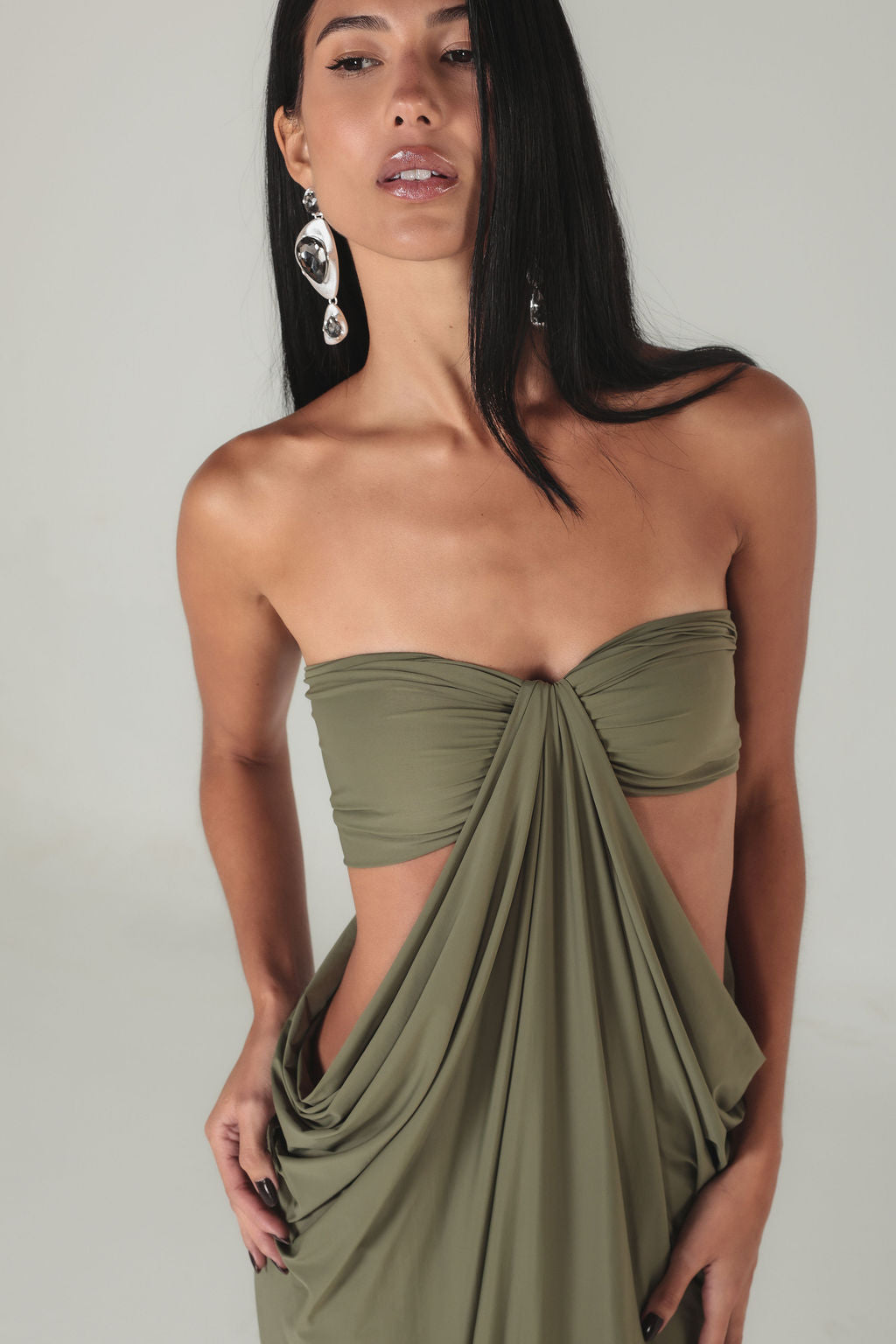 Vestido Longo Cut Out Drapeado Verde