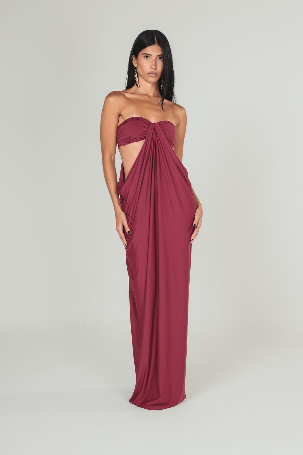 Vestido Longo Cut Out Drapeado Bordô