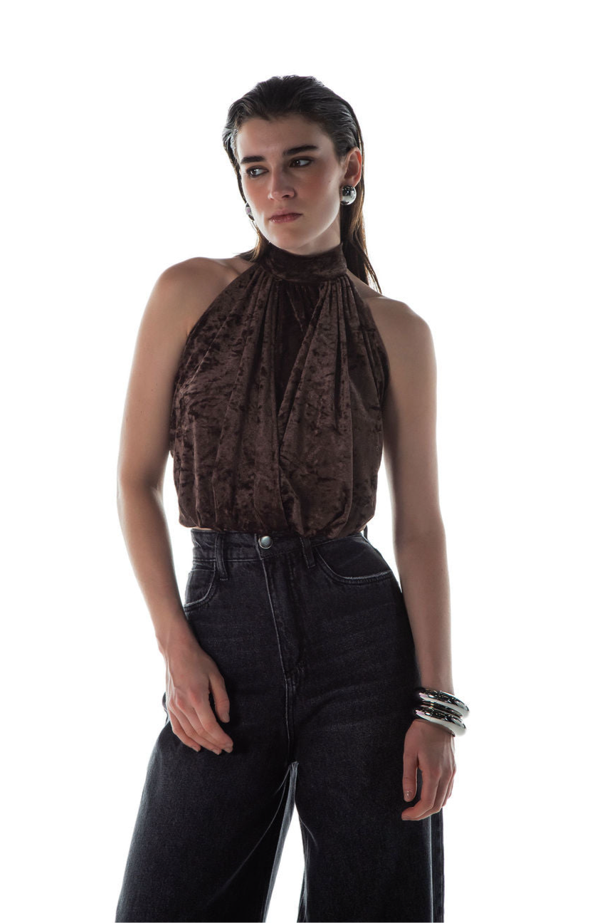 Blusa Frente Única Veludo Marrom
