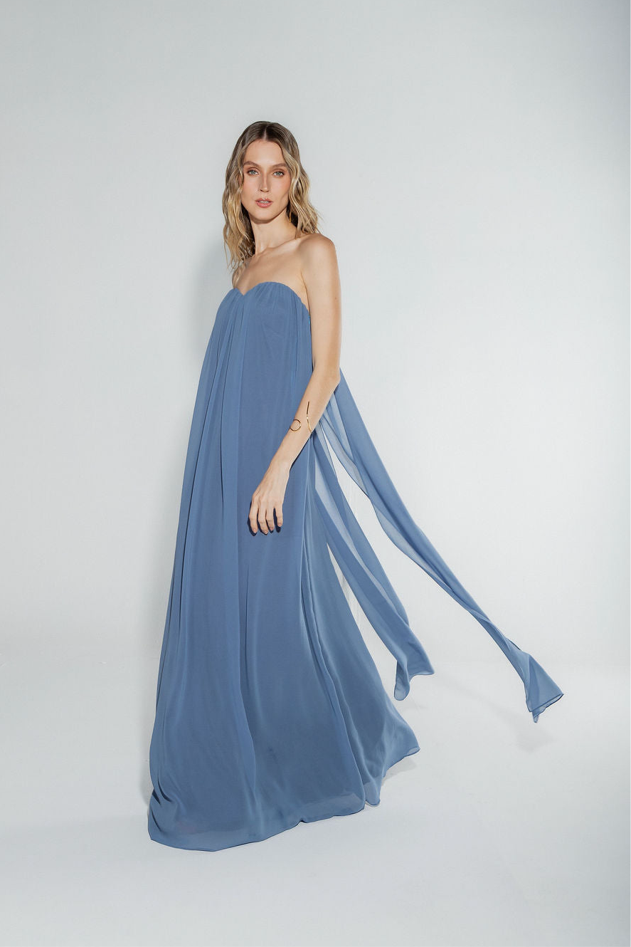Vestido Longo Decote Coração Azul