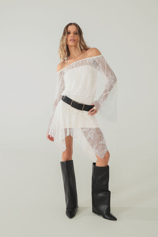 Vestido Ombro a Ombro Renda Off White