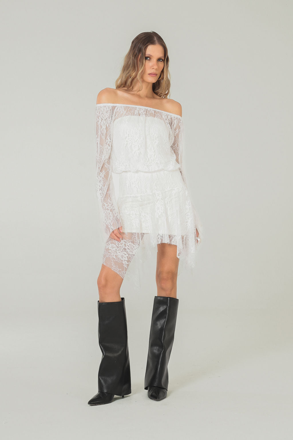 Vestido Ombro a Ombro Renda Off White