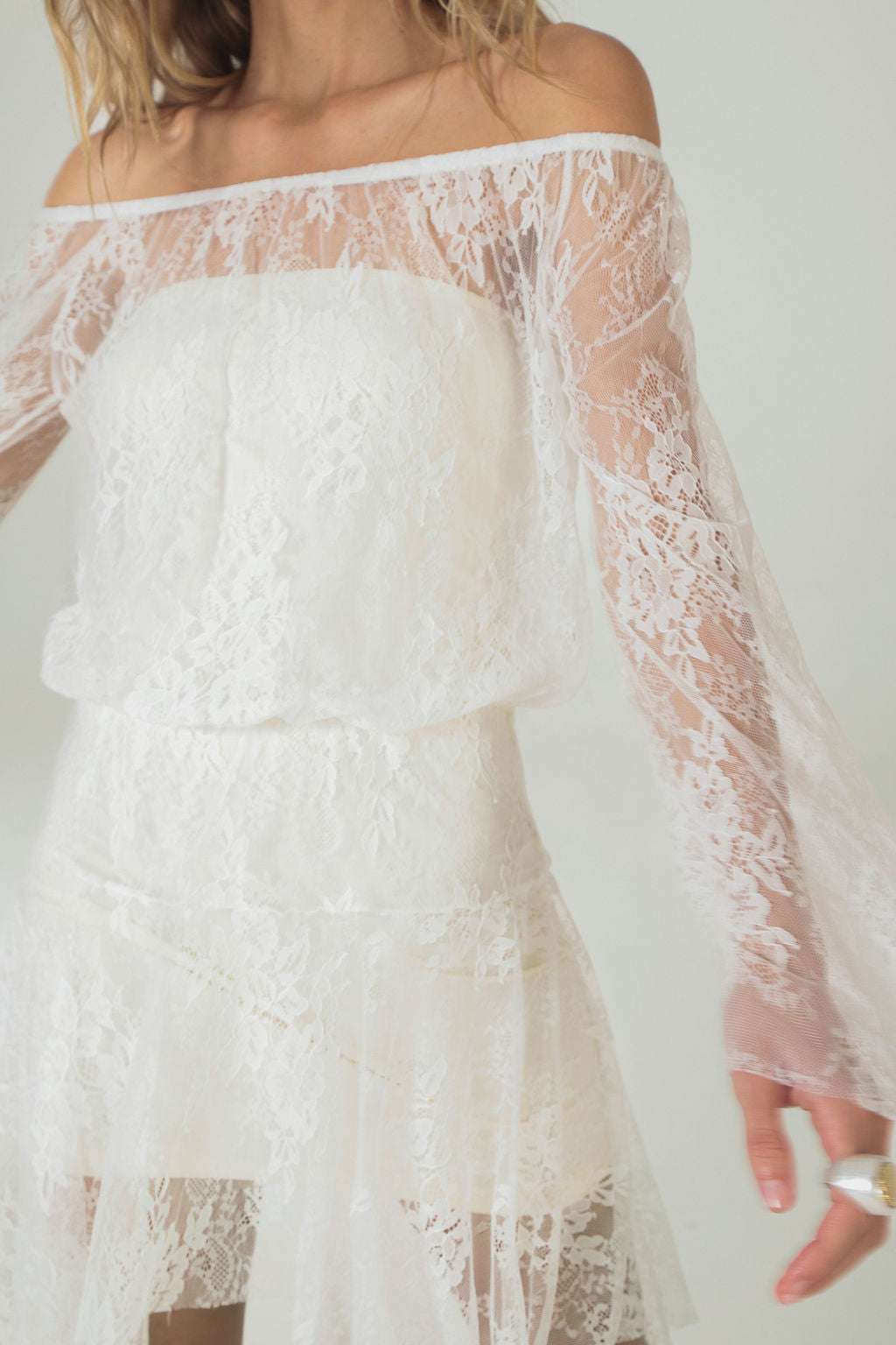 Vestido Ombro a Ombro Renda Off White
