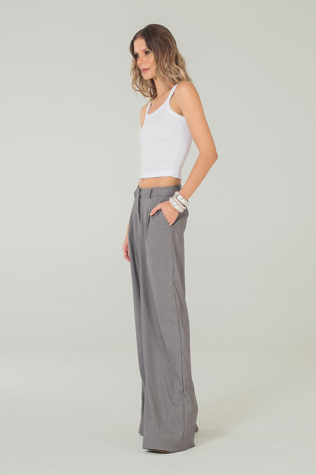 Calça Alfaiataria Cintura Baixa Cinza
