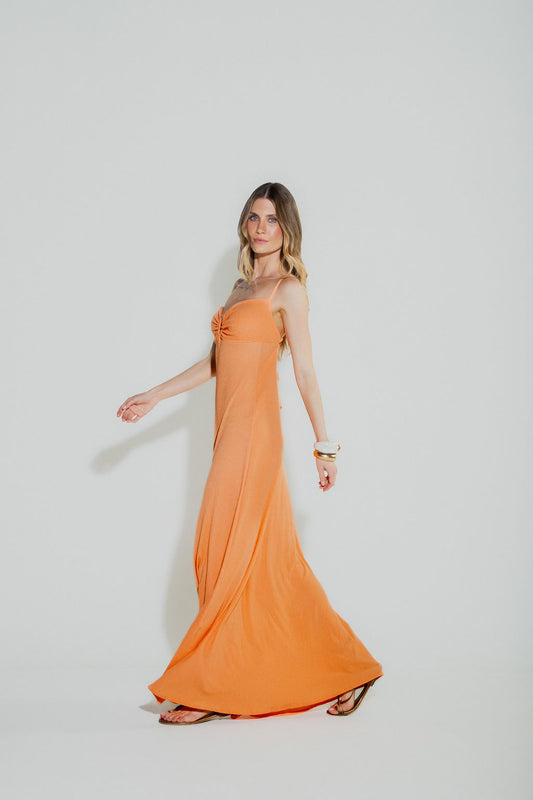 Vestido Longo Decote Metal Coral