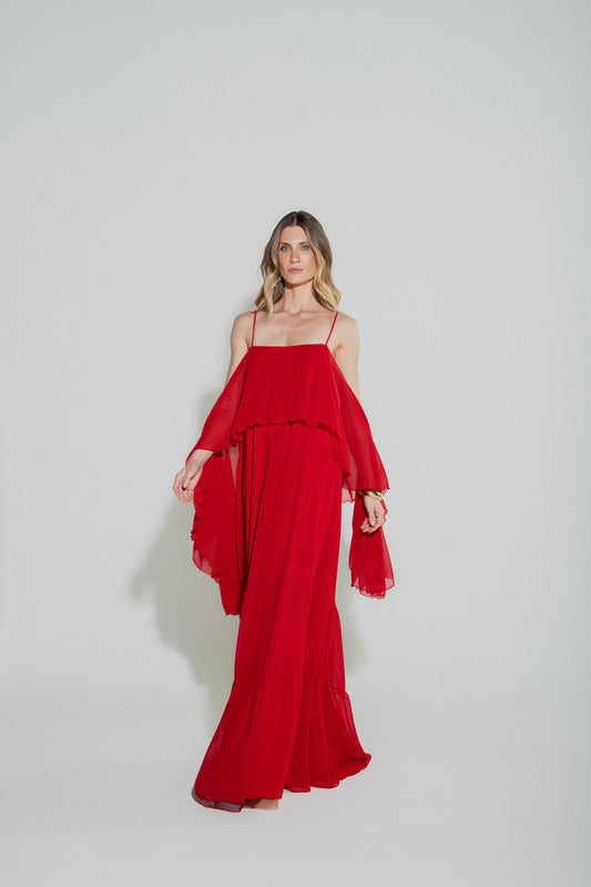 Vestido Longo Camadas Vermelho