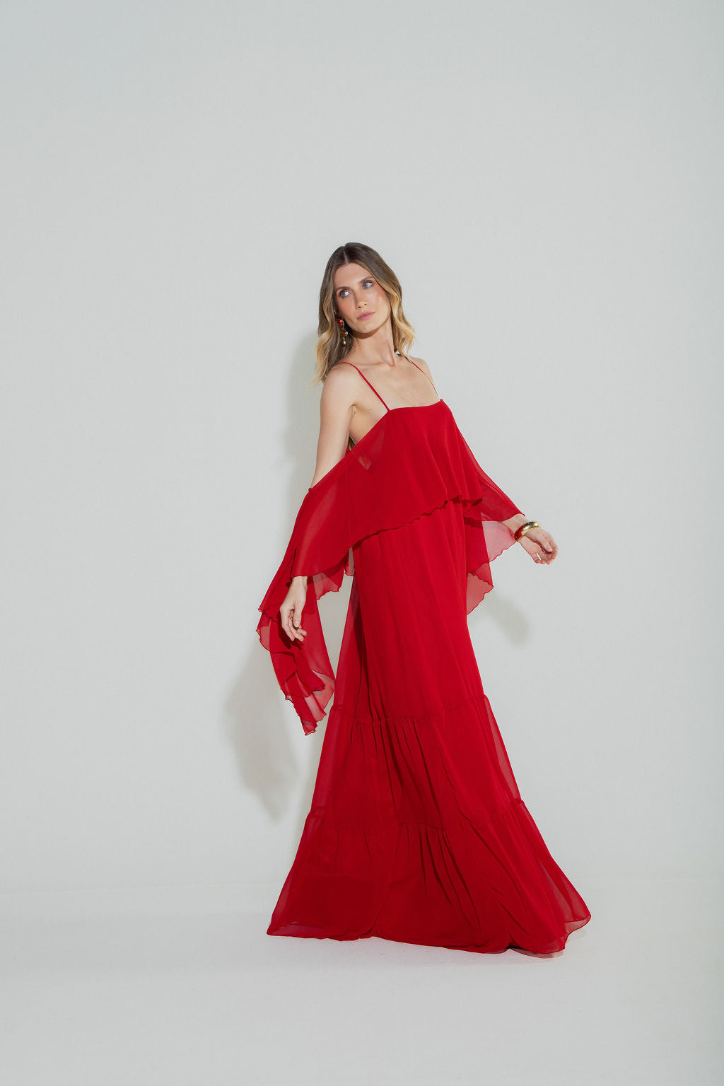 Vestido Longo Camadas Vermelho