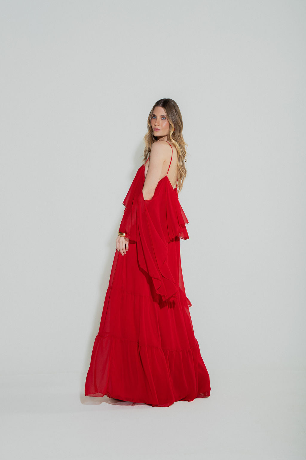 Vestido Longo Camadas Vermelho