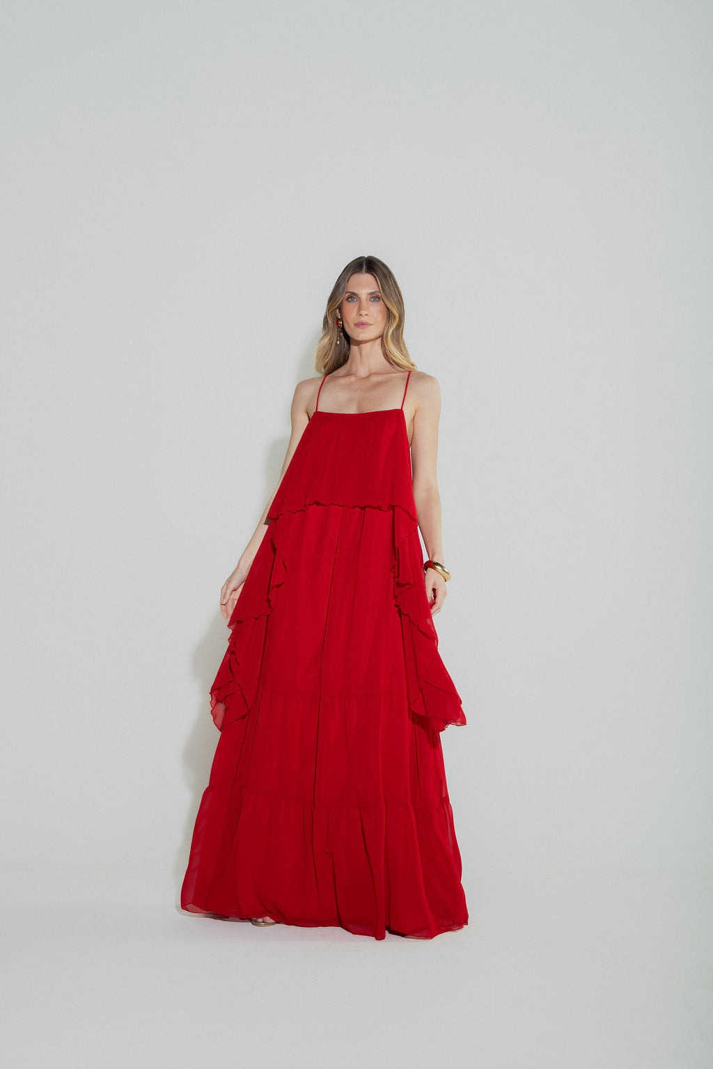 Vestido Longo Camadas Vermelho