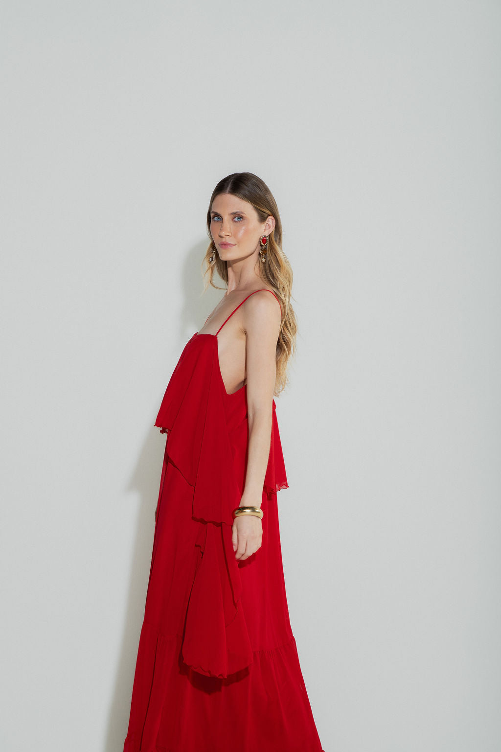 Vestido Longo Camadas Vermelho
