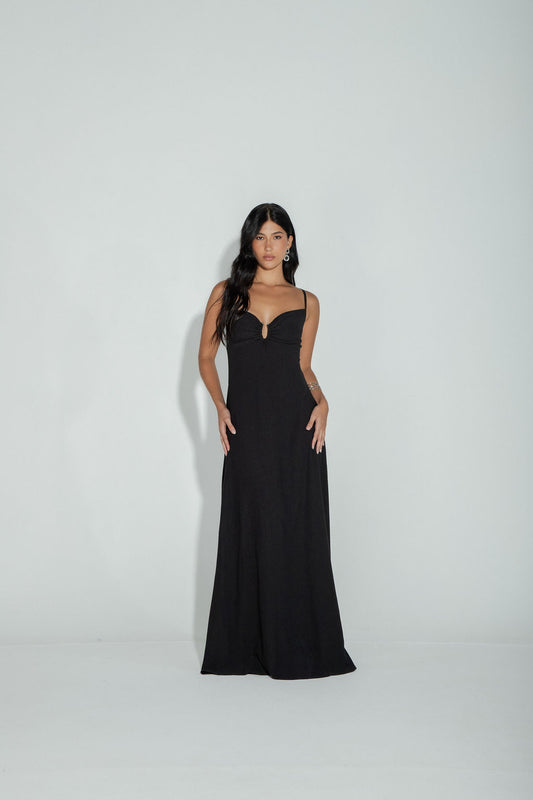 Vestido Longo Decote Metal Preto