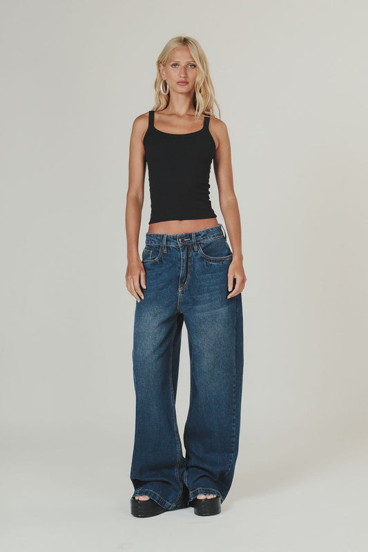 Calça Jeans Pantalona Costura Deslocada Azul