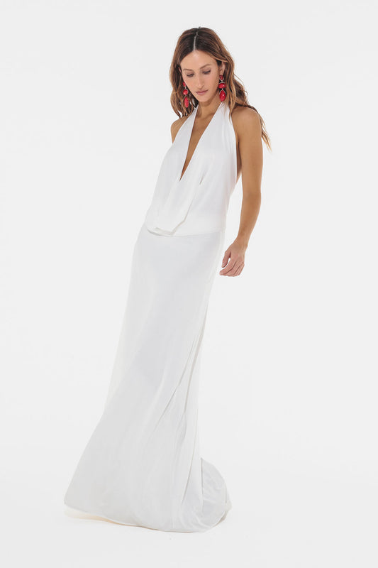 Vestido Longo Jersey Drapeado Off White