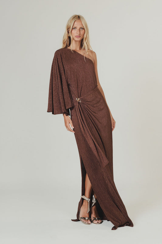 Vestido Longo Plissado Metal Marrom
