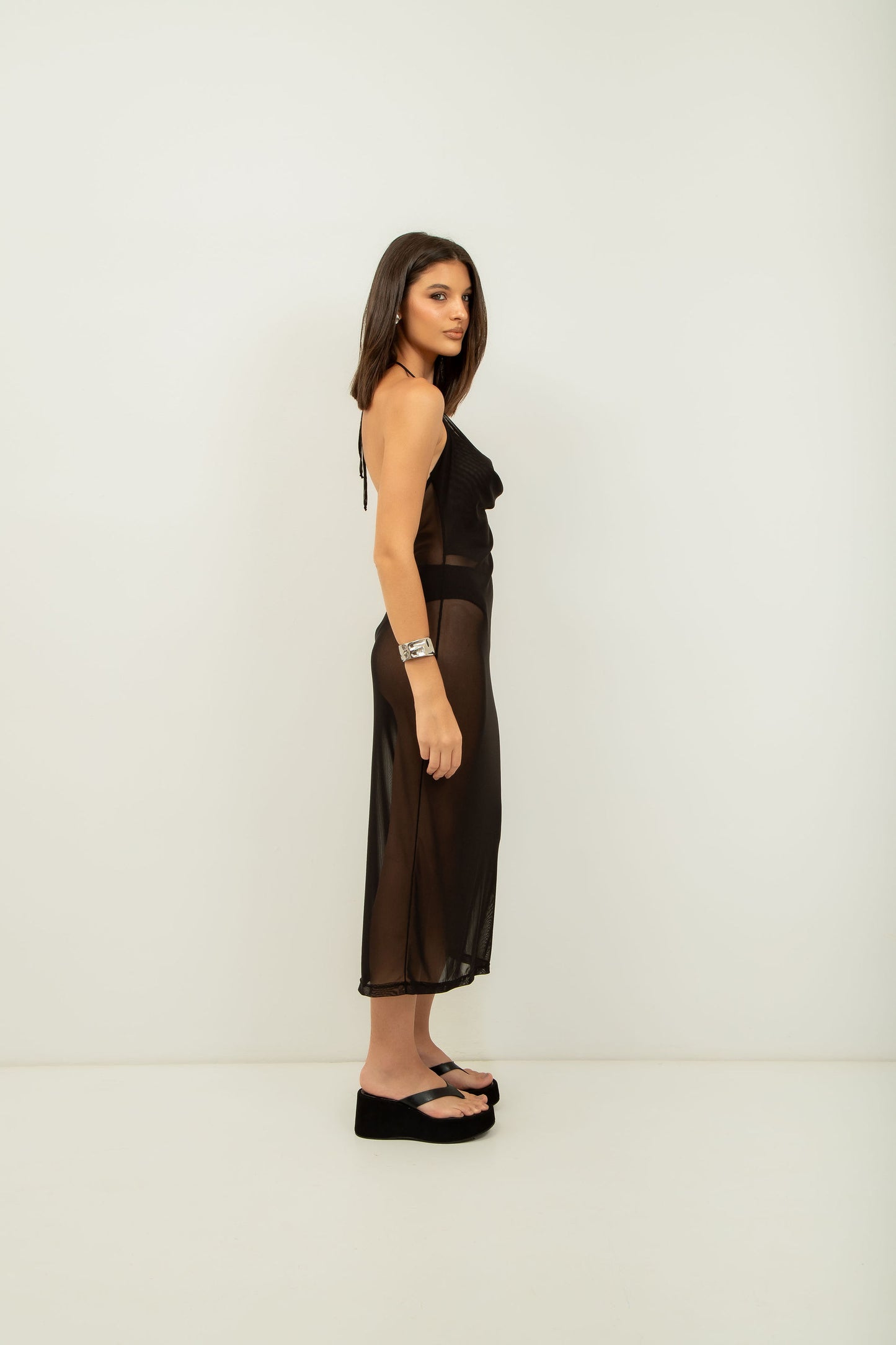 Vestido Midi Drapeado Tule Preto