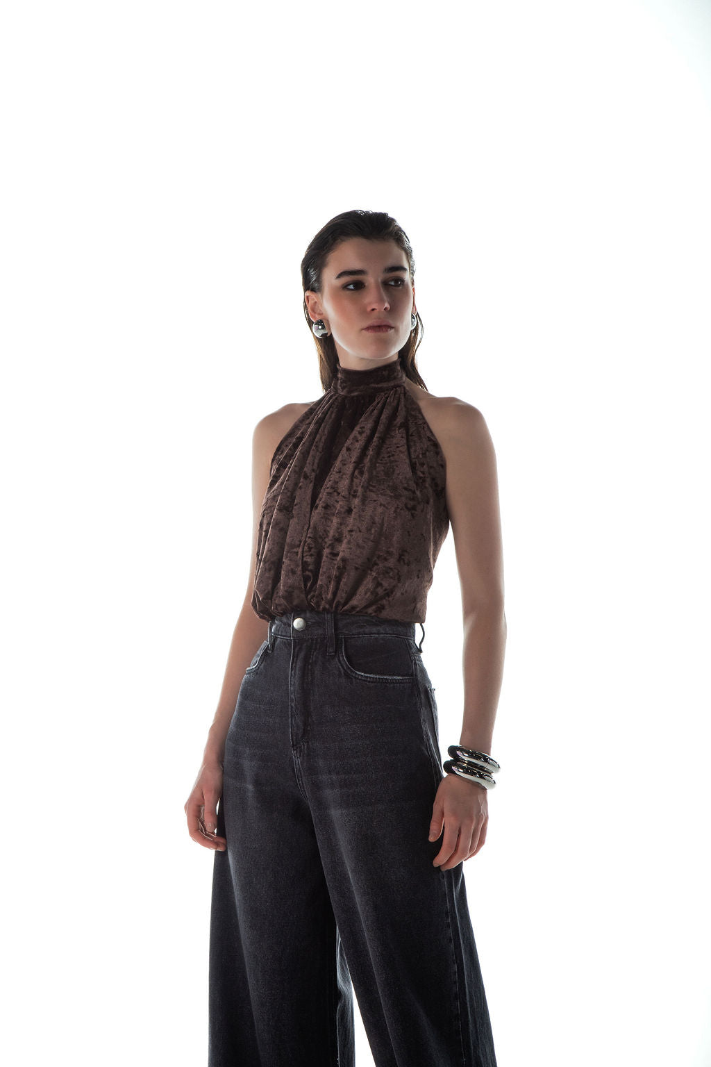 Blusa Frente Única Veludo Marrom