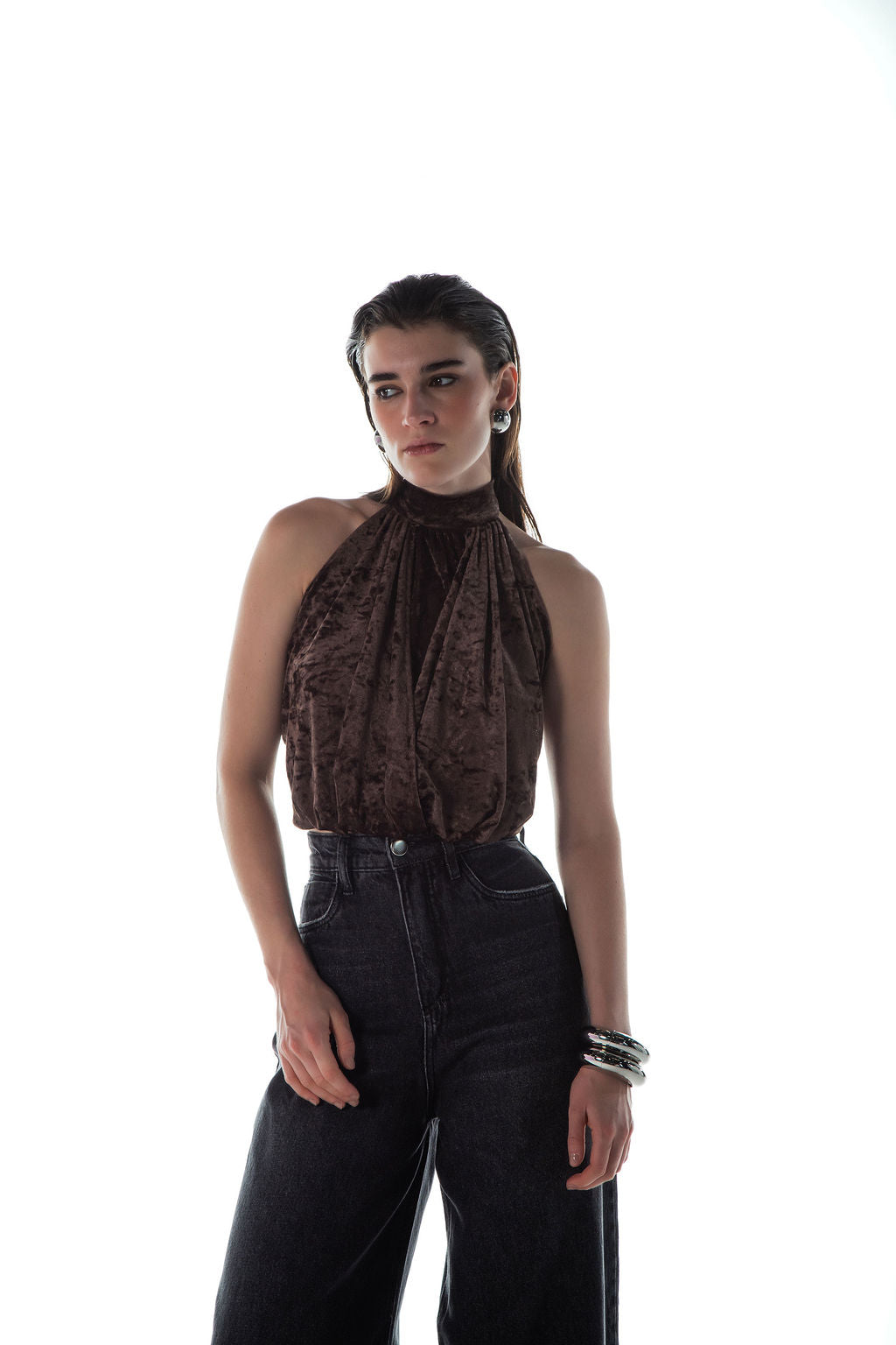 Blusa Frente Única Veludo Marrom