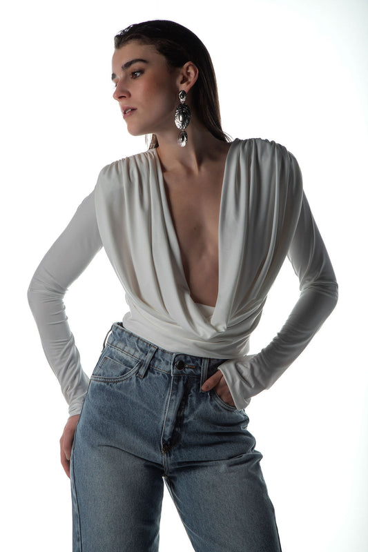 Blusa Jersey Manga Longa Ombreira Off White