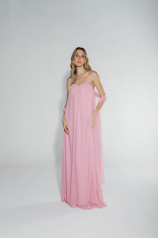 Vestido Longo Decote Coração Rosa Claro