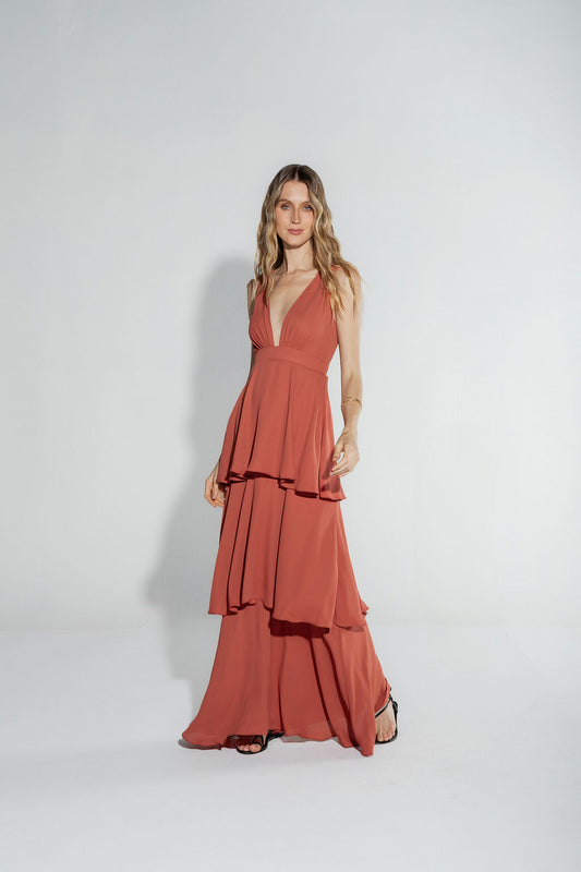 Vestido Babados Terracota
