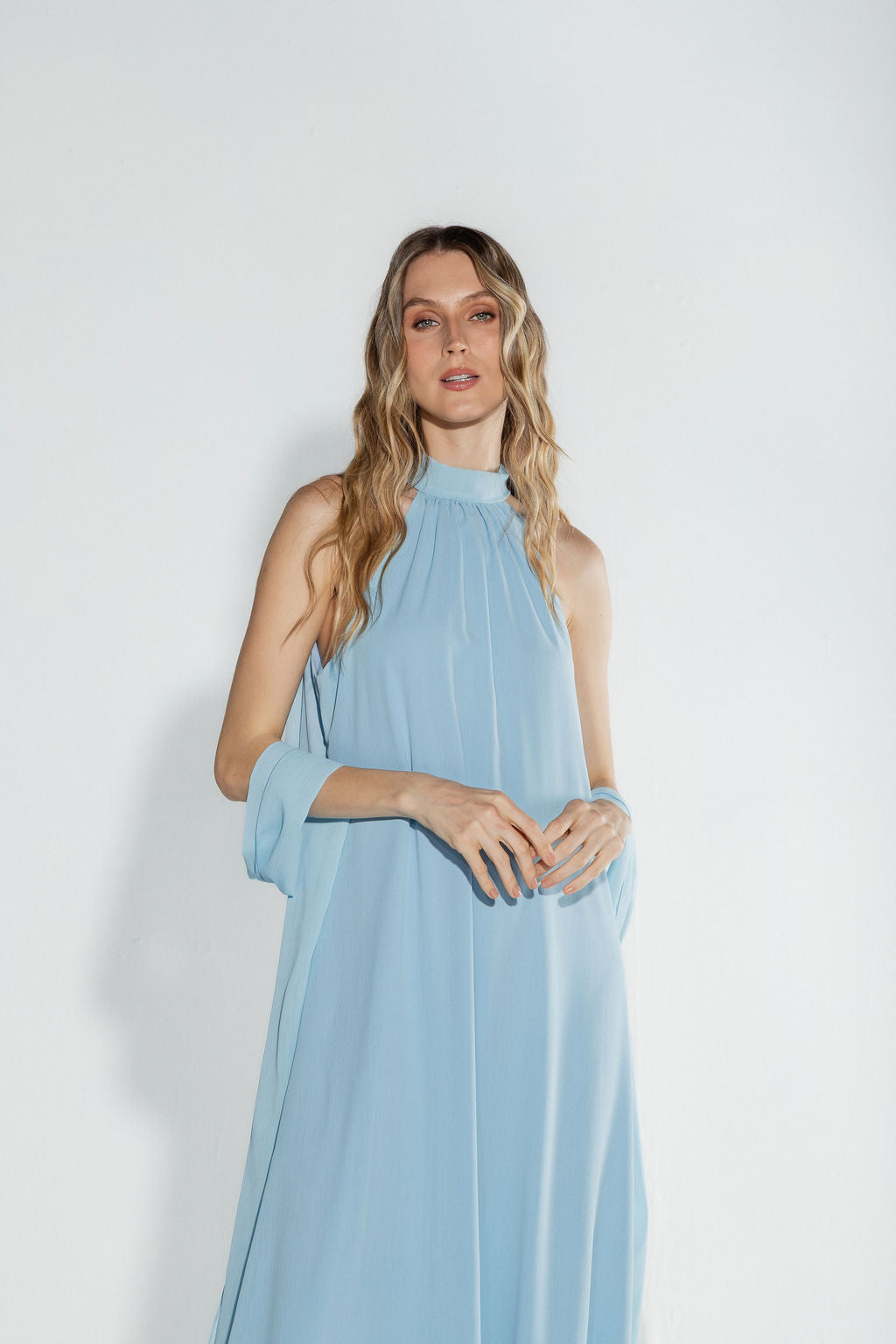 Vestido Longo Frente Única Chiffon Azul