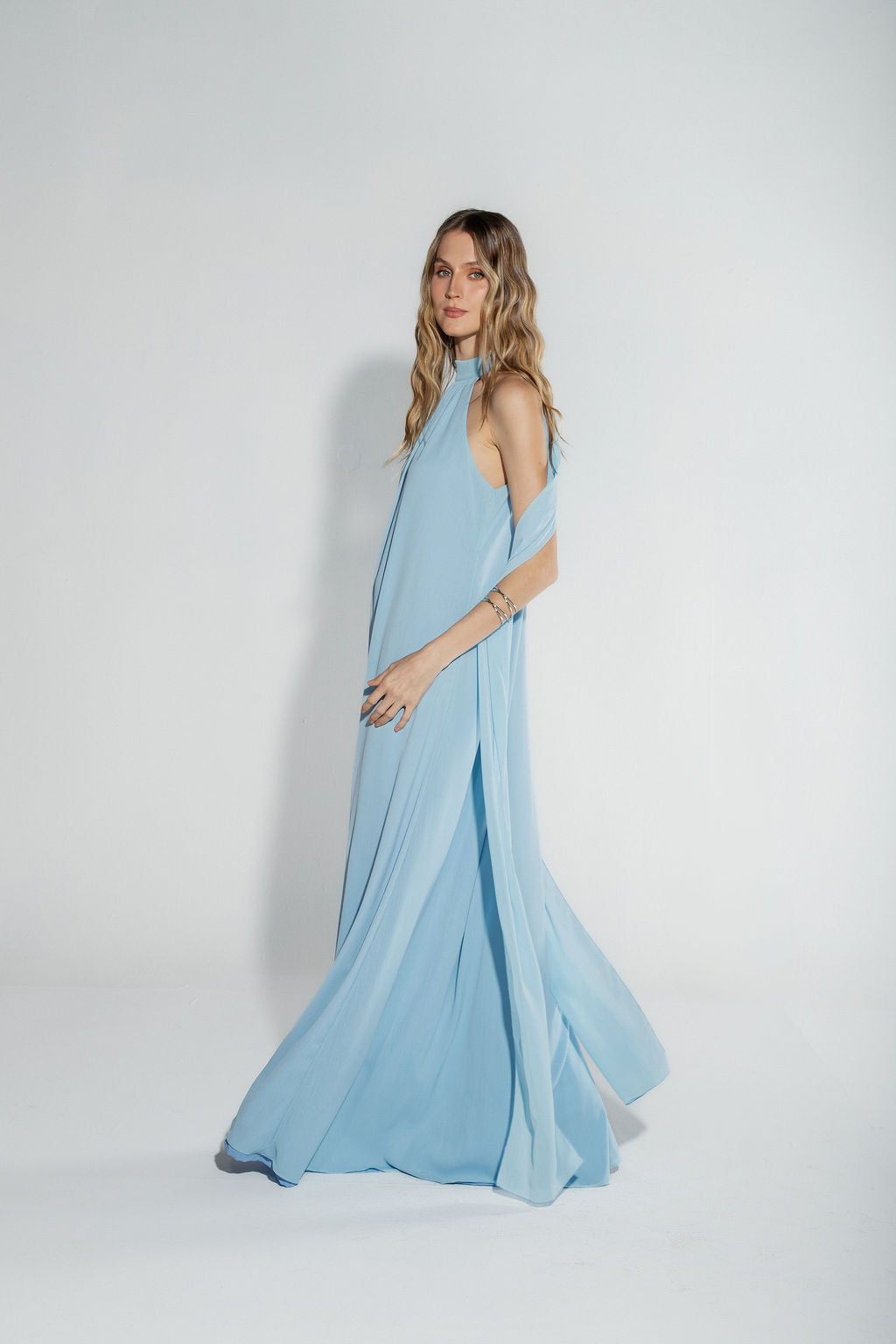 Vestido Longo Frente Única Chiffon Azul