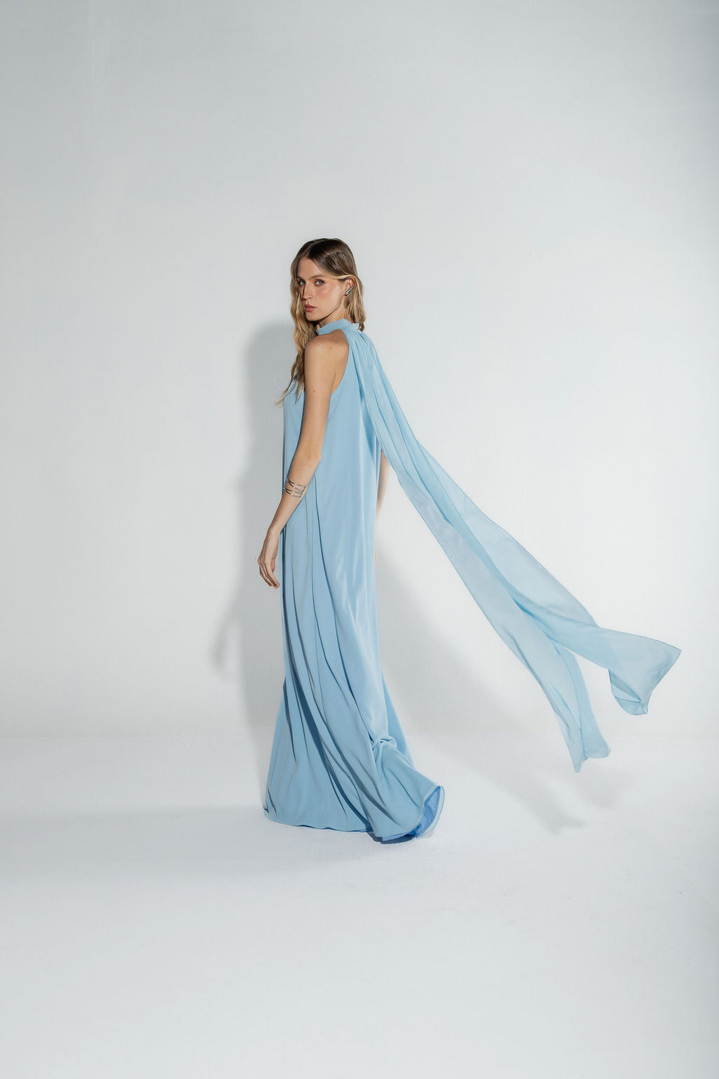 Vestido Longo Frente Única Chiffon Azul