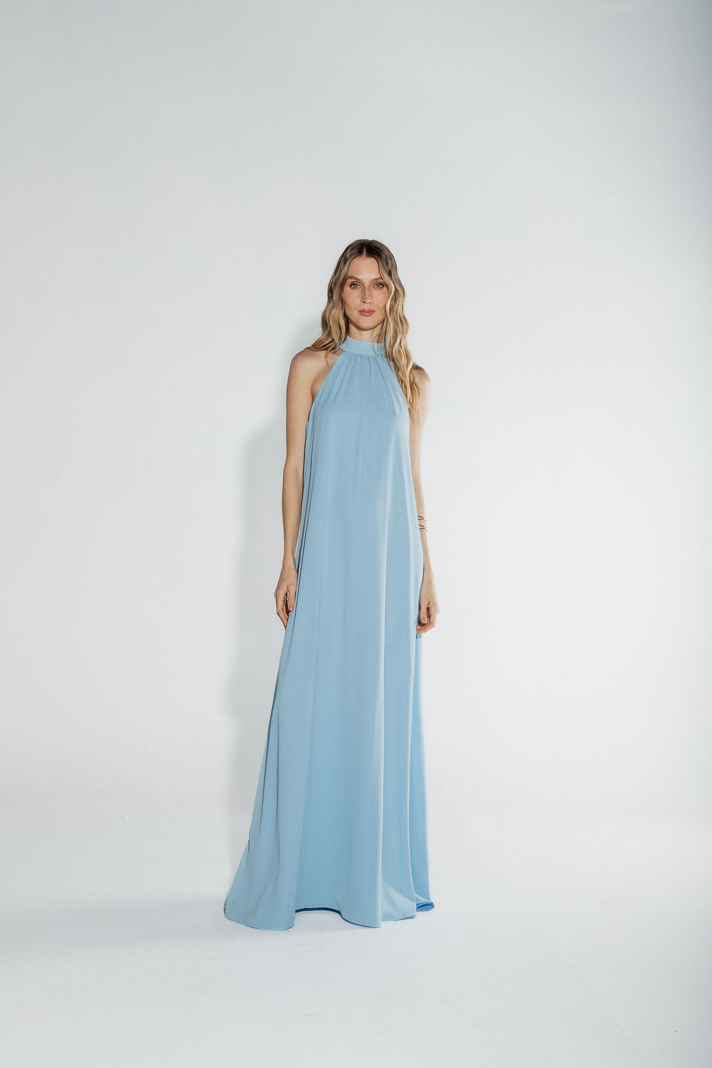 Vestido Longo Frente Única Chiffon Azul