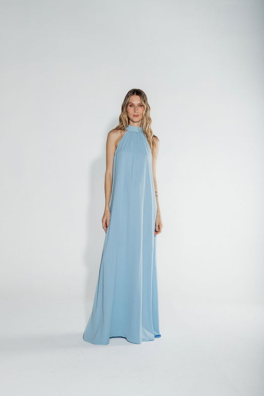 Vestido Longo Frente Única Chiffon Azul