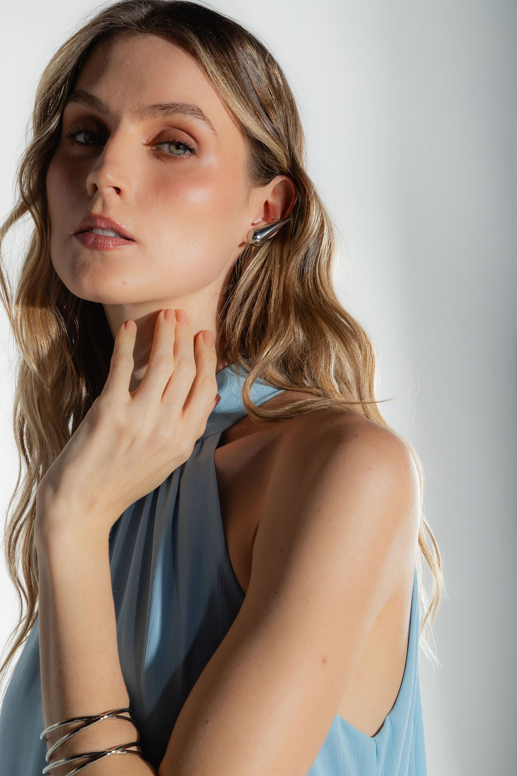 Vestido Longo Frente Única Chiffon Azul