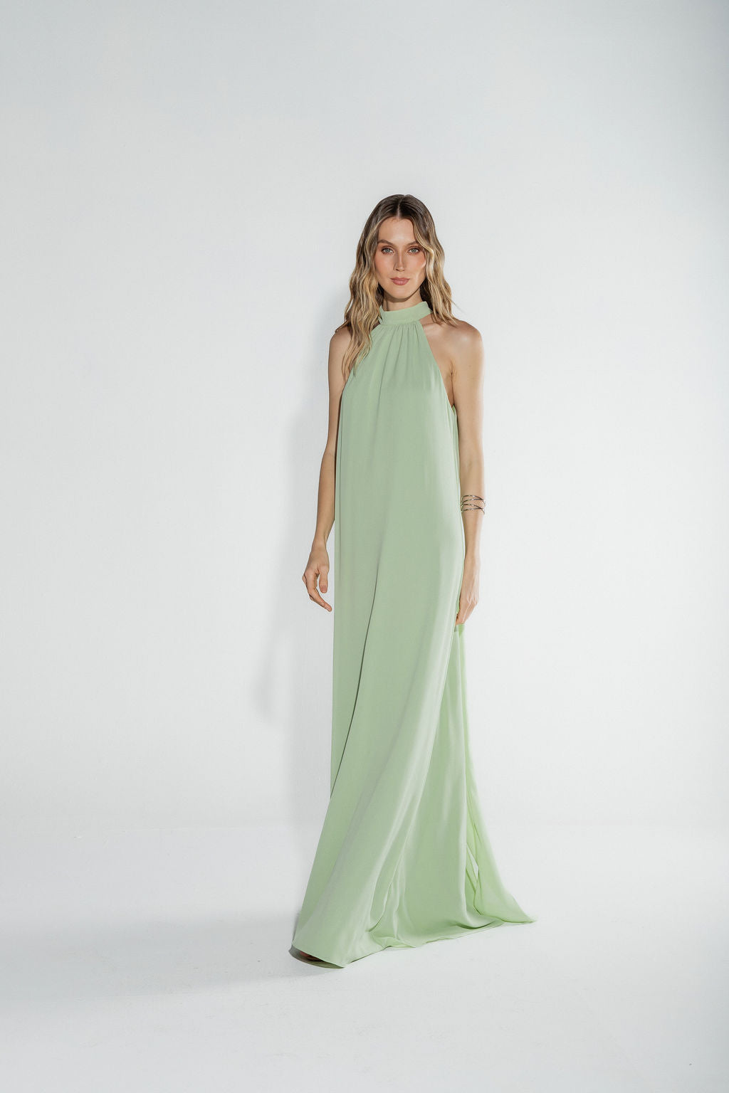 Vestido Longo Frente Única Chiffon Verde