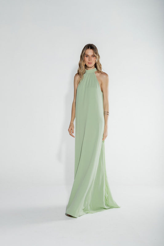Vestido Longo Frente Única Chiffon Verde