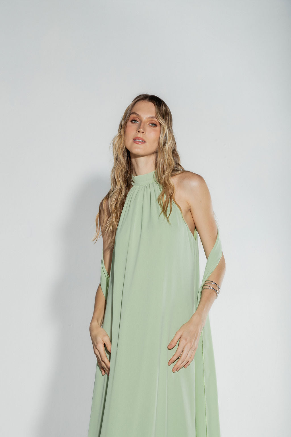 Vestido Longo Frente Única Chiffon Verde