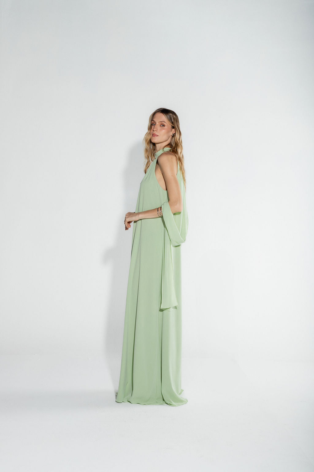 Vestido Longo Frente Única Chiffon Verde