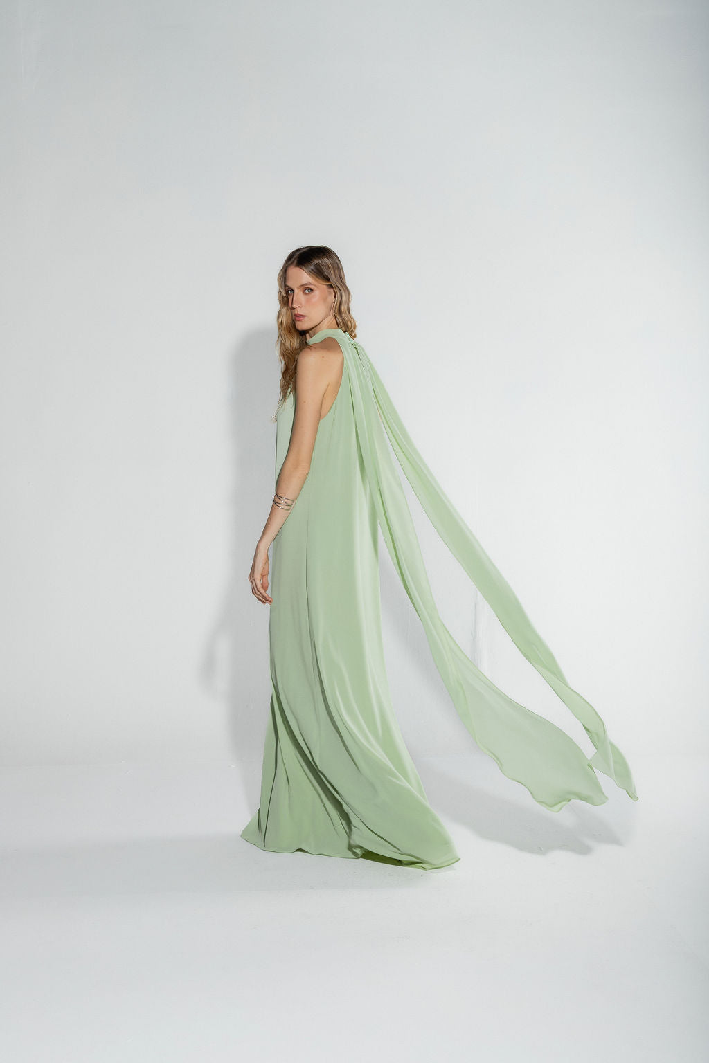 Vestido Longo Frente Única Chiffon Verde