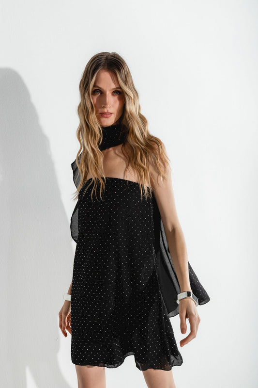 Vestido Curto Brilho com Lenço Preto