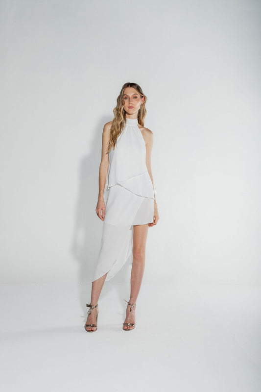 Vestido Babados Assimétrico Off White